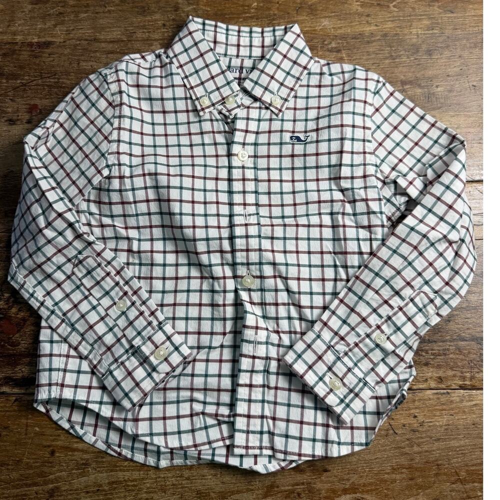 Vineyard Vines Performance Cotton Button Down Green/Burgandy shirt 3T
